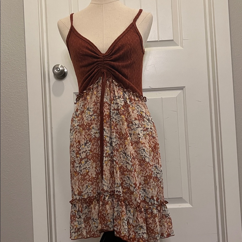 Rust Brown Floral Midi Dress
